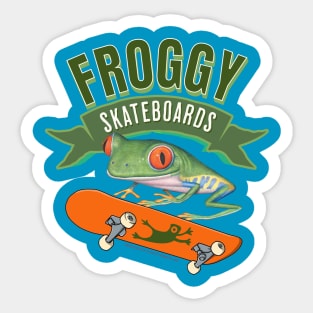 Cute and Funny Red Eyed Tree Frog using a flying frogs skateboard having a wonder time boarding Sticker